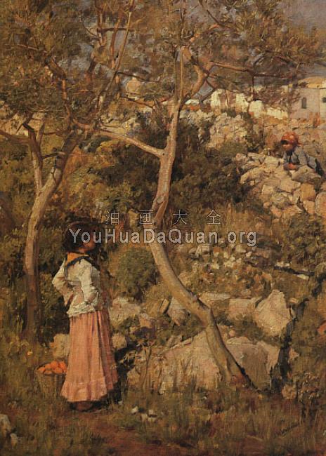 Two Little Italian Girls by a Village - 约翰·威廉姆·沃特豪斯